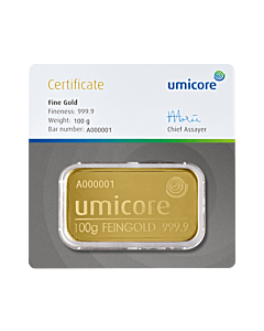 Voorkant Umicore 100 gram goudbaar met certificaat