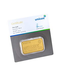 Koop de Umicore 50 gram goudbaar met certificaat